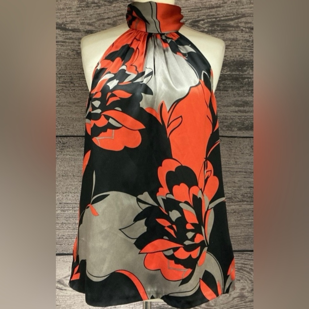 Ted Baker London Sleeveless Black and Red Graphic Halter Blouse